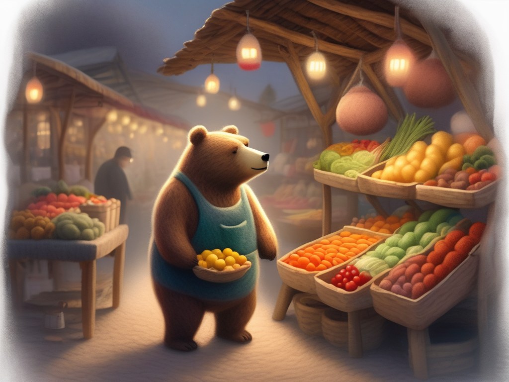 羊毛氈的大熊在清晨市場裡安靜地挑菜,燈光昏黃溫暖