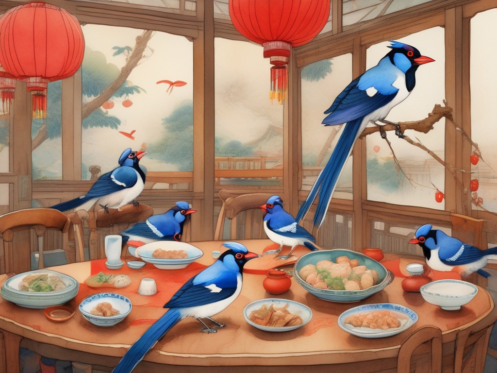 一大家子台灣藍鵲圍著圓桌吃年夜飯,熱鬧地夾菜,空著的椅子上放著一本書
